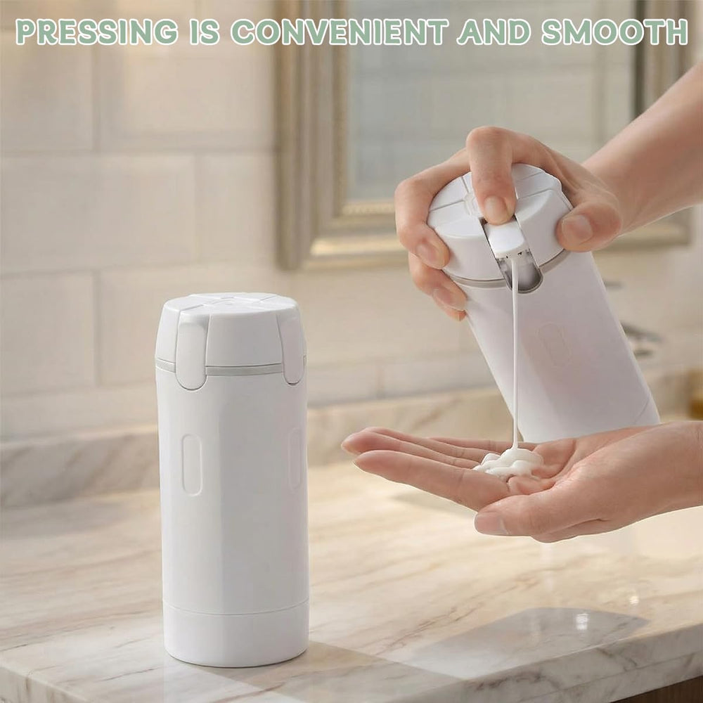 Portable travel bottle set beside a bag, ready for carry-on packing.