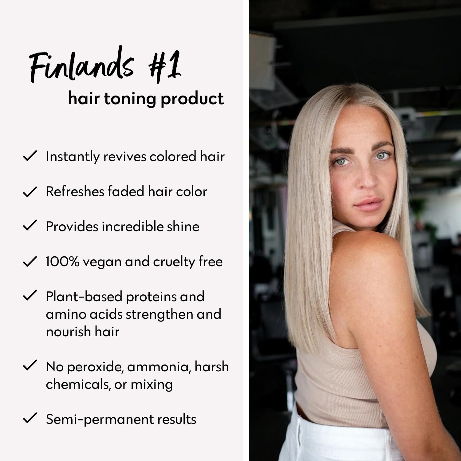 Four Reasons Color Mask tone-enhanced hair with cool sandy beige pigment in between salon visits.
