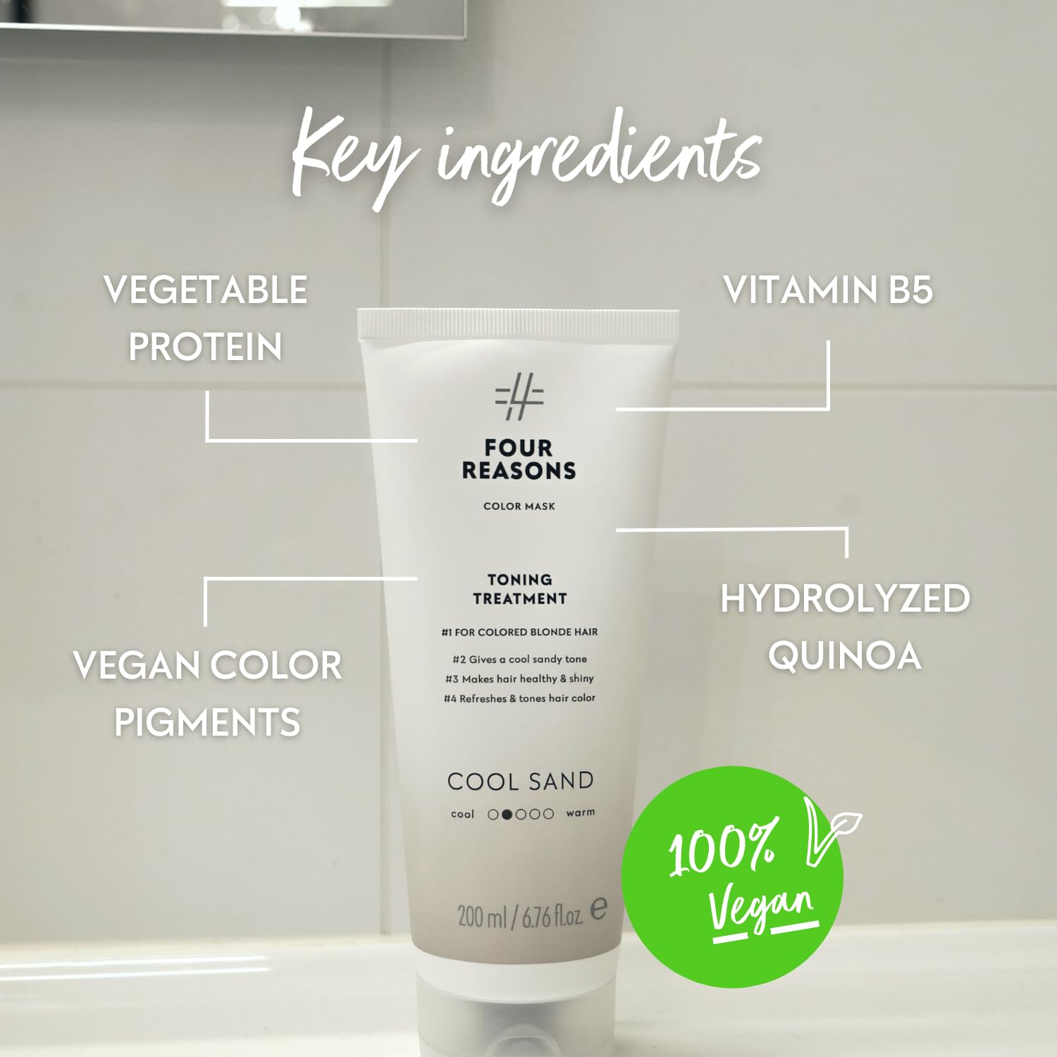 Four Reasons Color Mask vegan formula preserves color while nourishing strands with plant-based proteins.