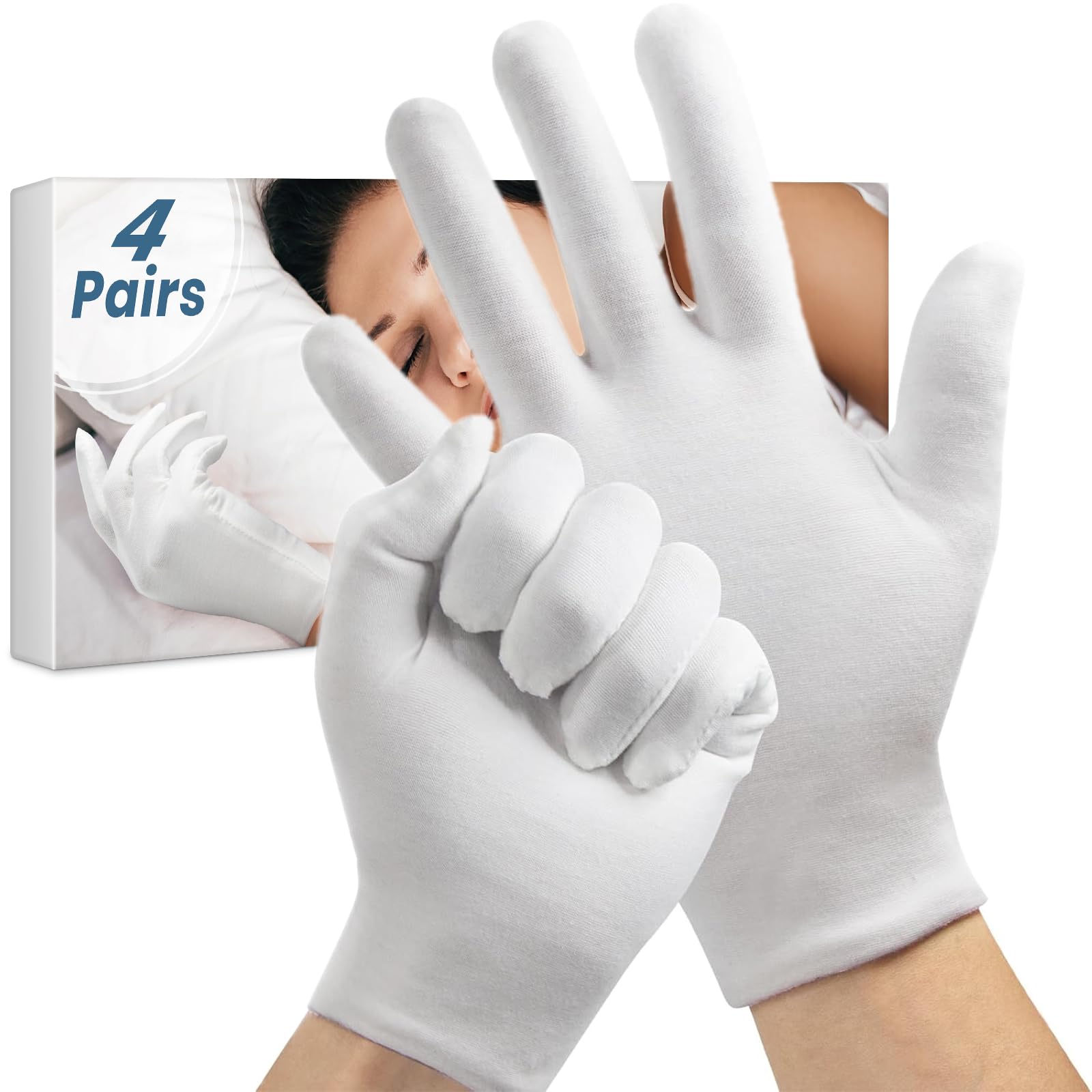 Guantes FourSeas: cuatro pares de algodón blancos para cuidado de manos cómodo.