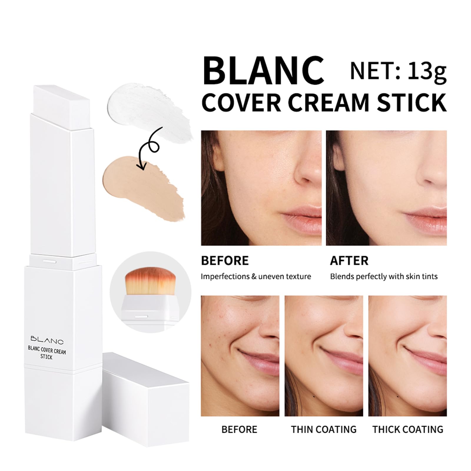 No cake or residue with Fovcos Blanc Cover Cream Stick for natural look