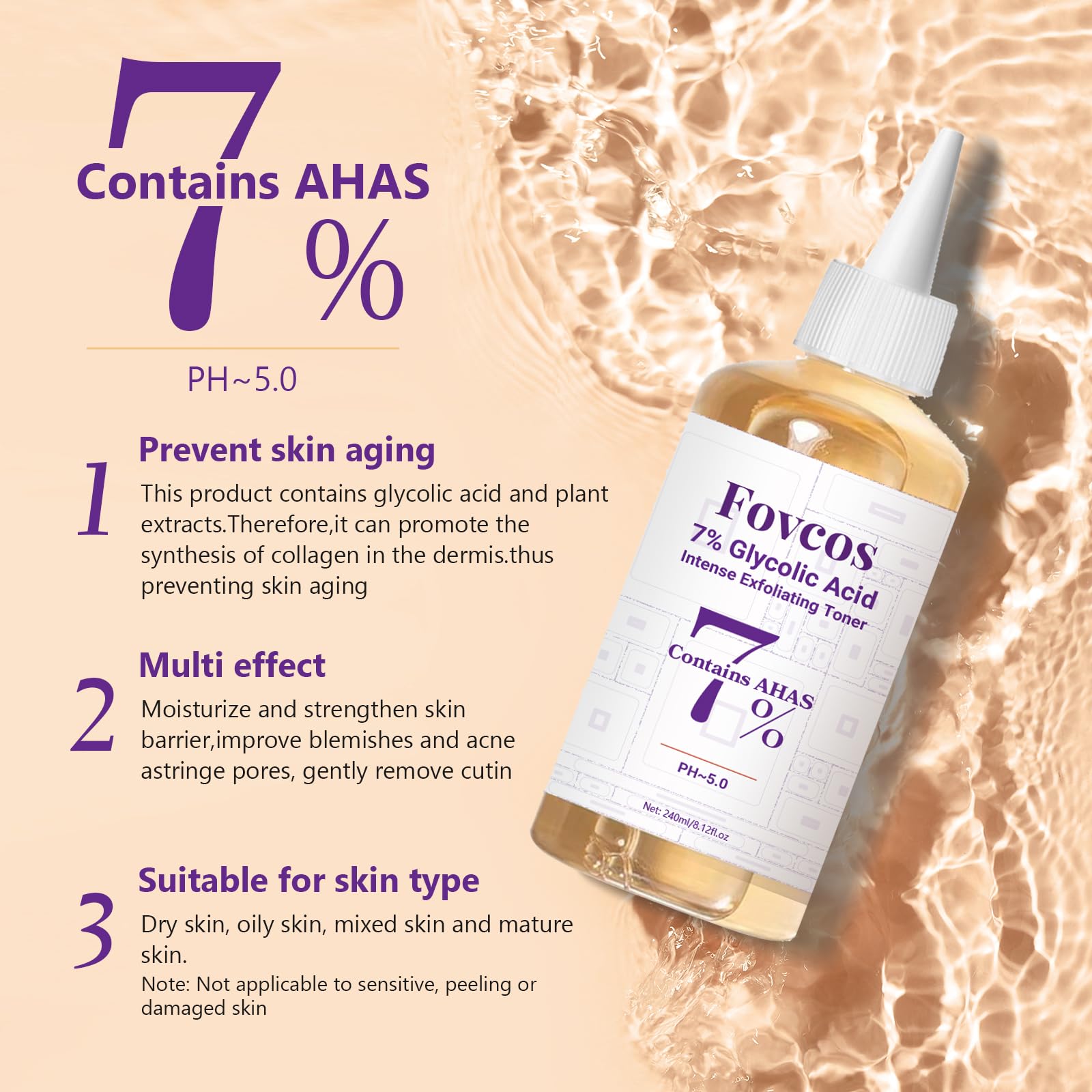 Fovcos Tónico exfoliante 7% aplicado en la piel para suavizarla.
