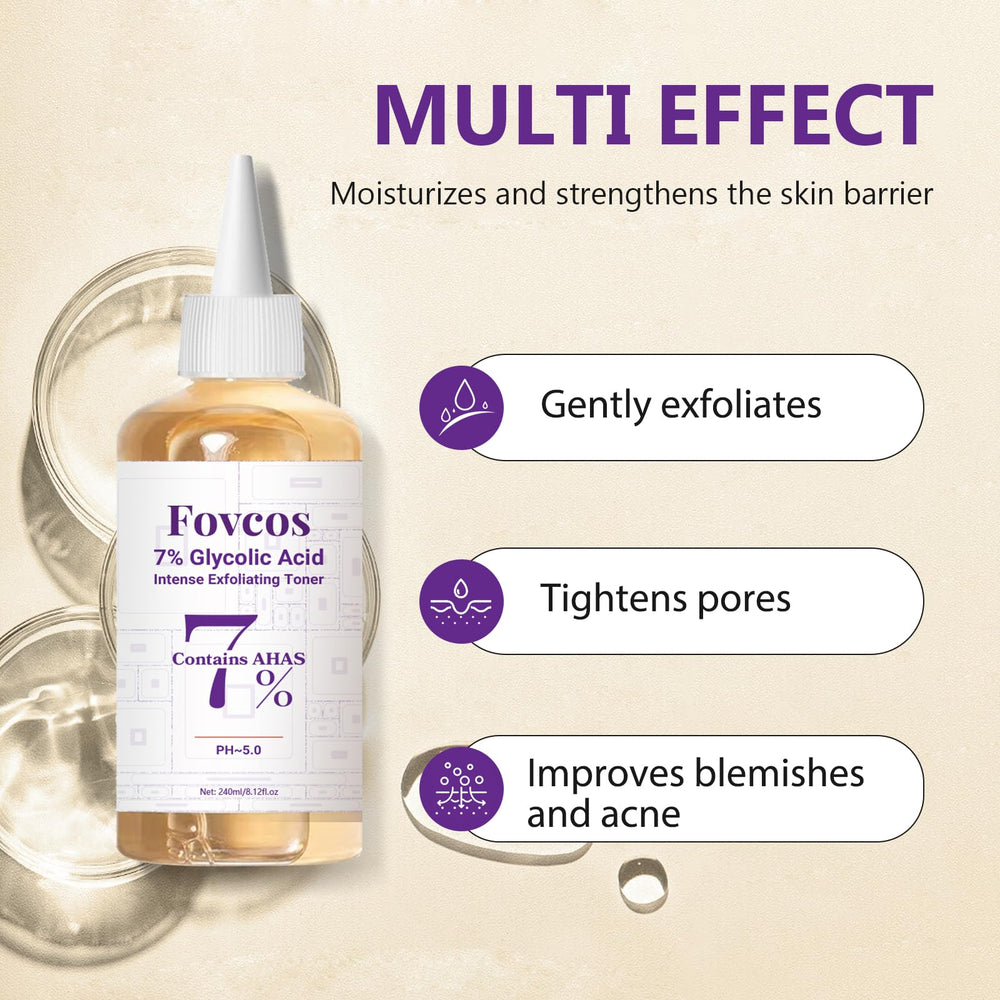 Fovcos Tónico exfoliante 7% suaviza la textura de la piel.
