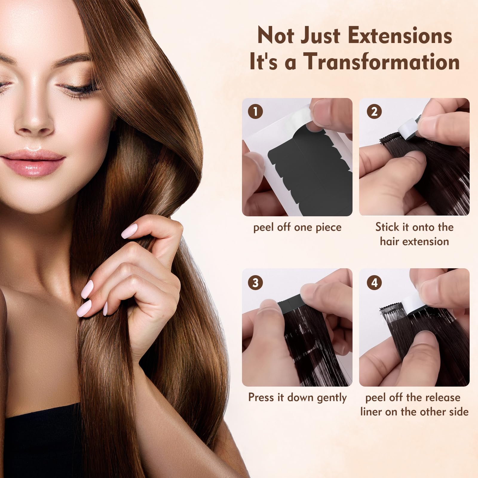 Ultra-thin, nearly invisible tape blending with hair for seamless extensions.