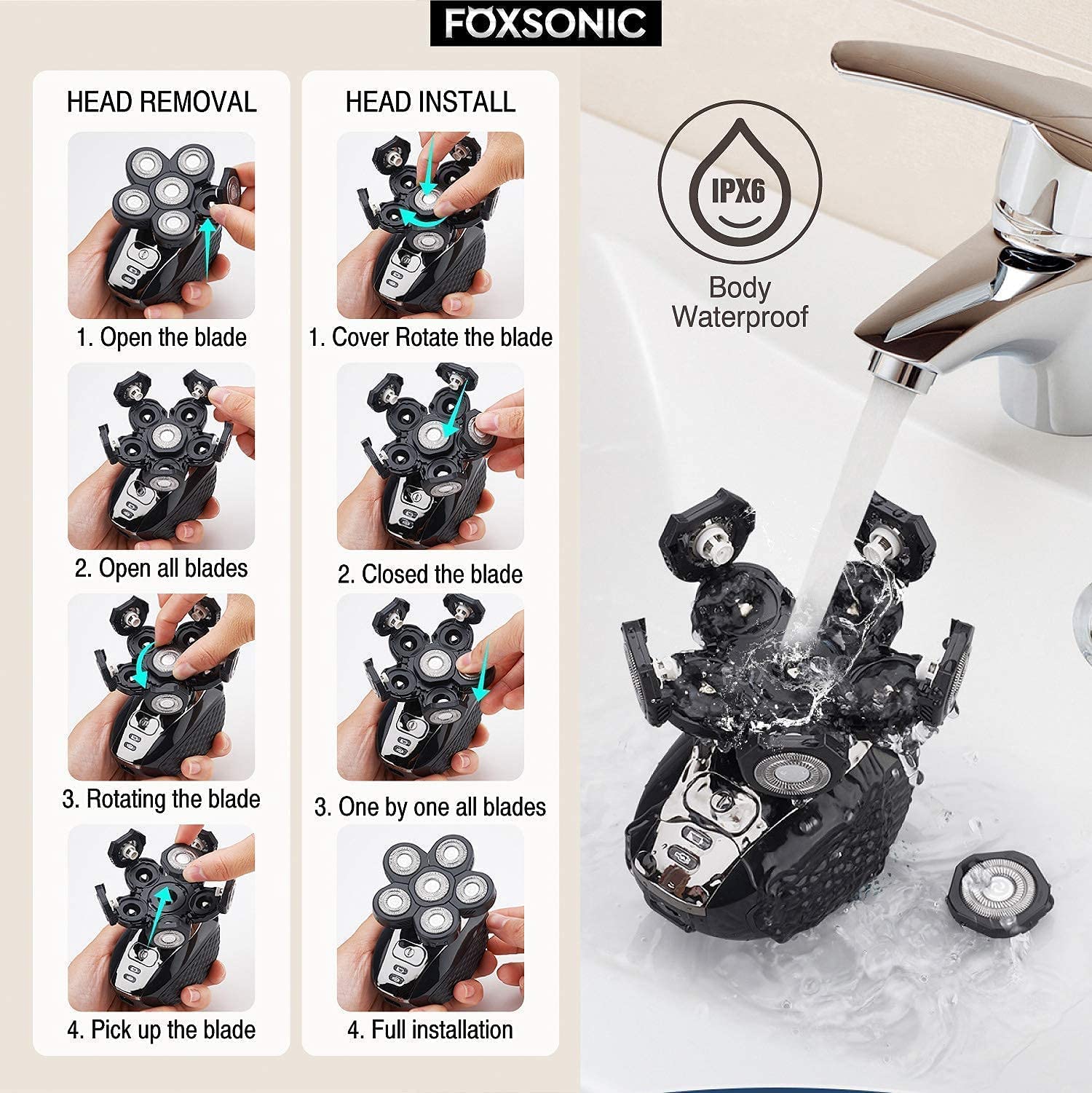 FOXSONIC replacement heads are washable for easy cleaning after shaving