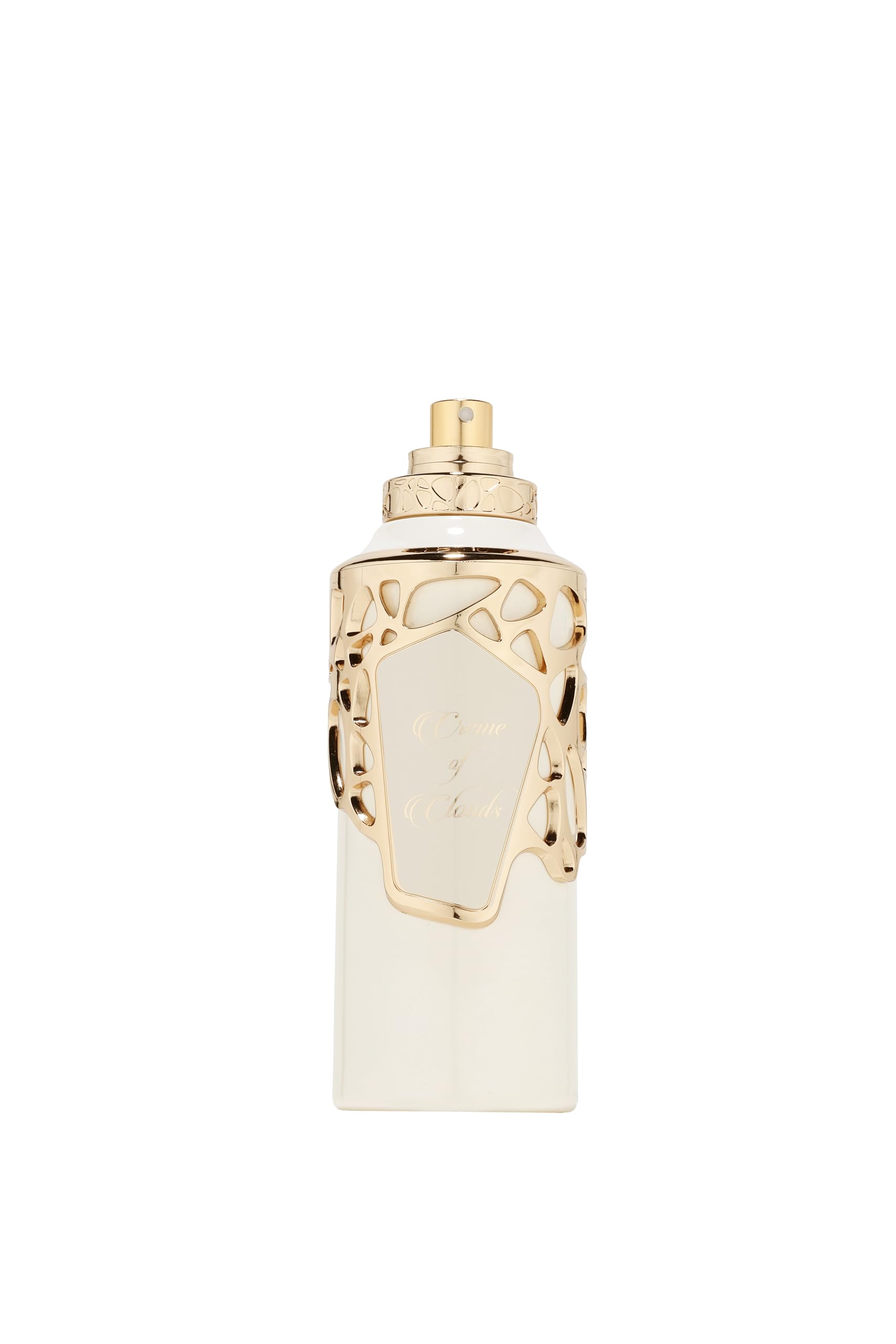 Fragrance World Creme of Clouds bottle closeup emphasizing vanilla and chocolate top notes