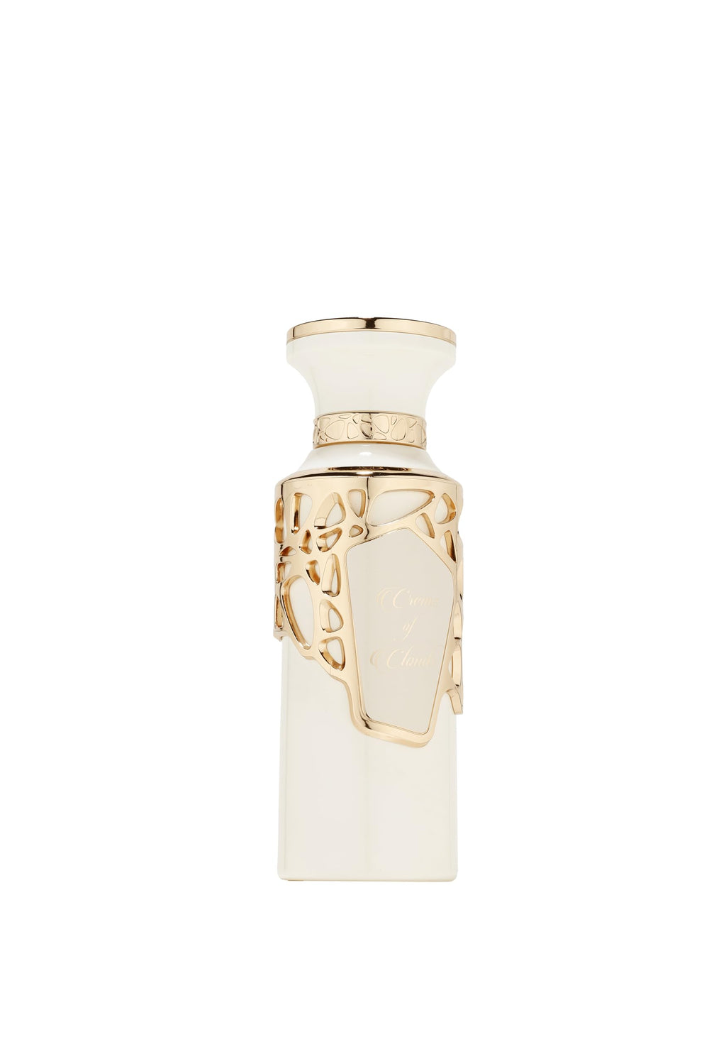 Fragrance World Creme of Clouds bottle side view evokes creamy mood for versatile wear