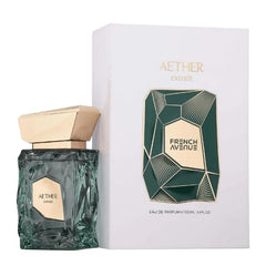 Fragrance World French Avenue Aether Extrait cap close-up, premium spray experience.
