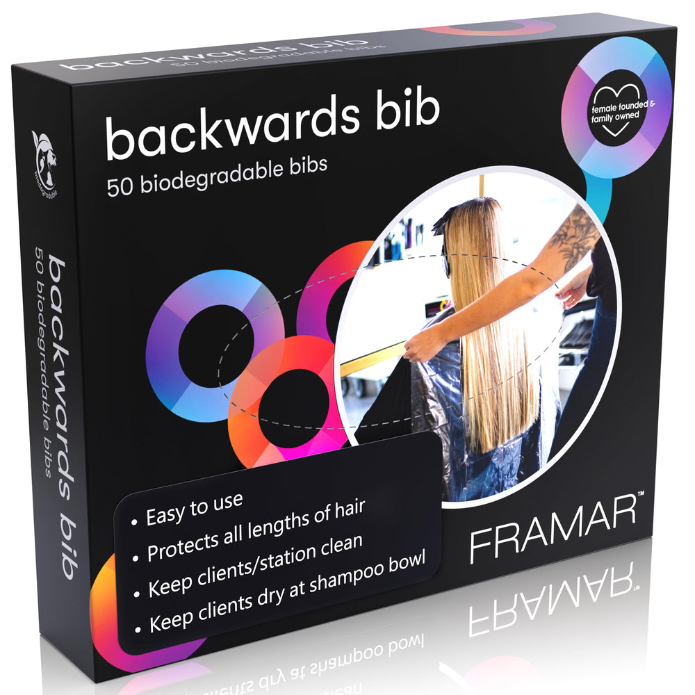 Framar backwards bib disposable hair cutting cape protects clients during trims.