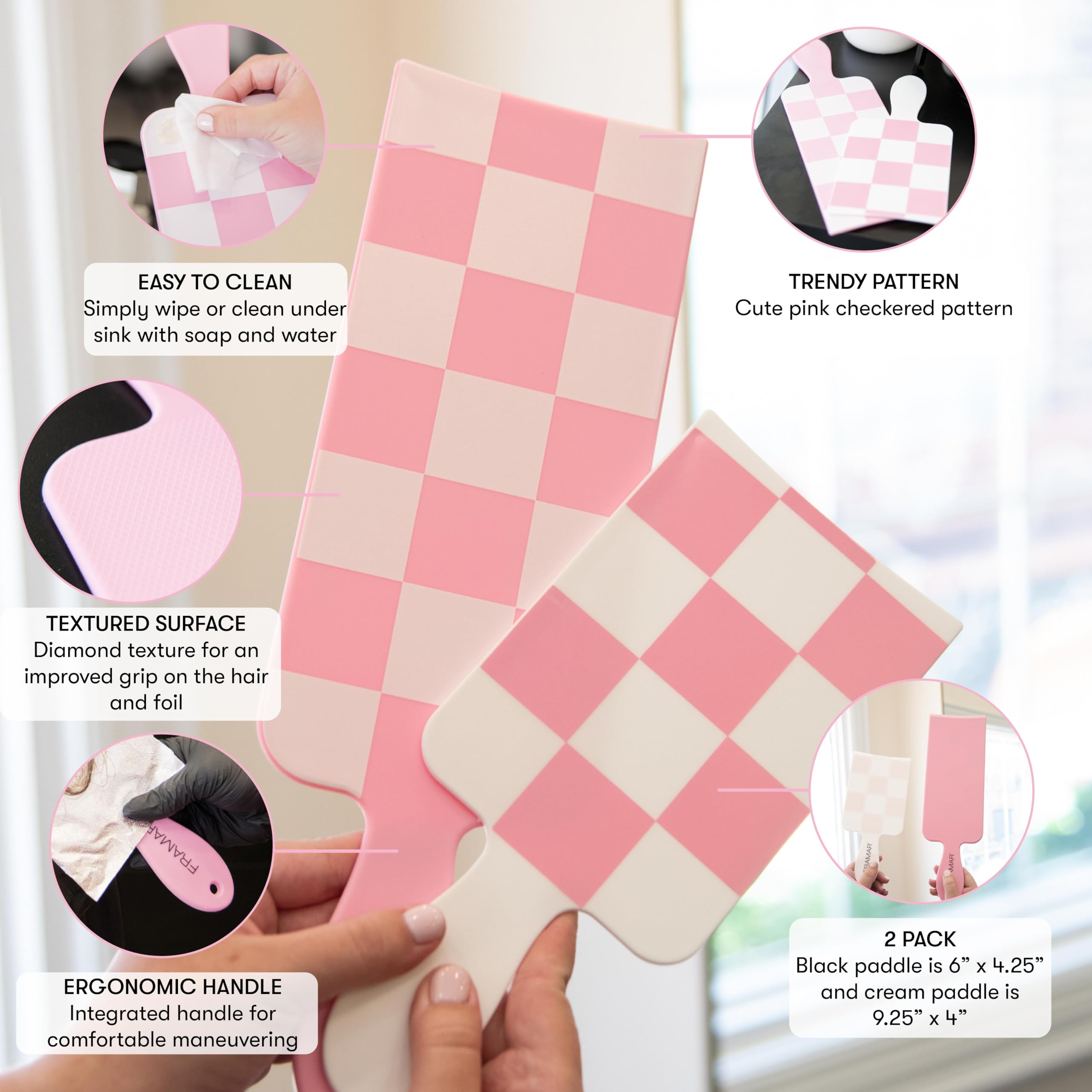 FRAMAR checkered balayage board paddle small pink for tight sections and close-to-scalp control