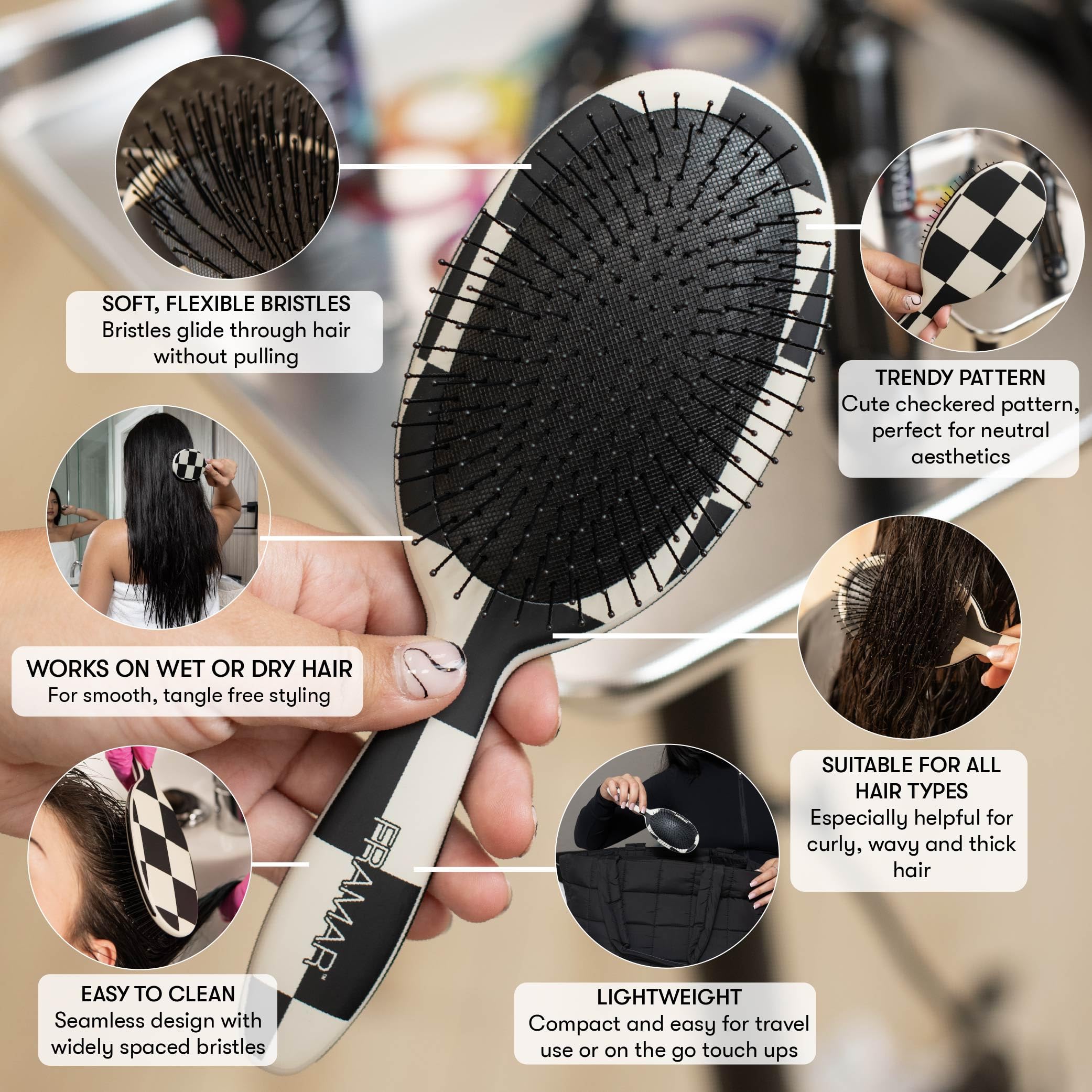 FRAMAR Checkered Brush Handle provides secure grip for easy detangling.