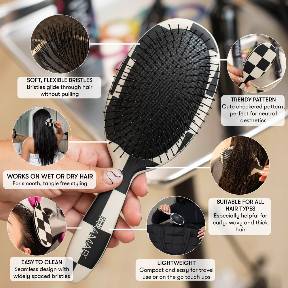 FRAMAR Checkered Brush Handle provides secure grip for easy detangling.