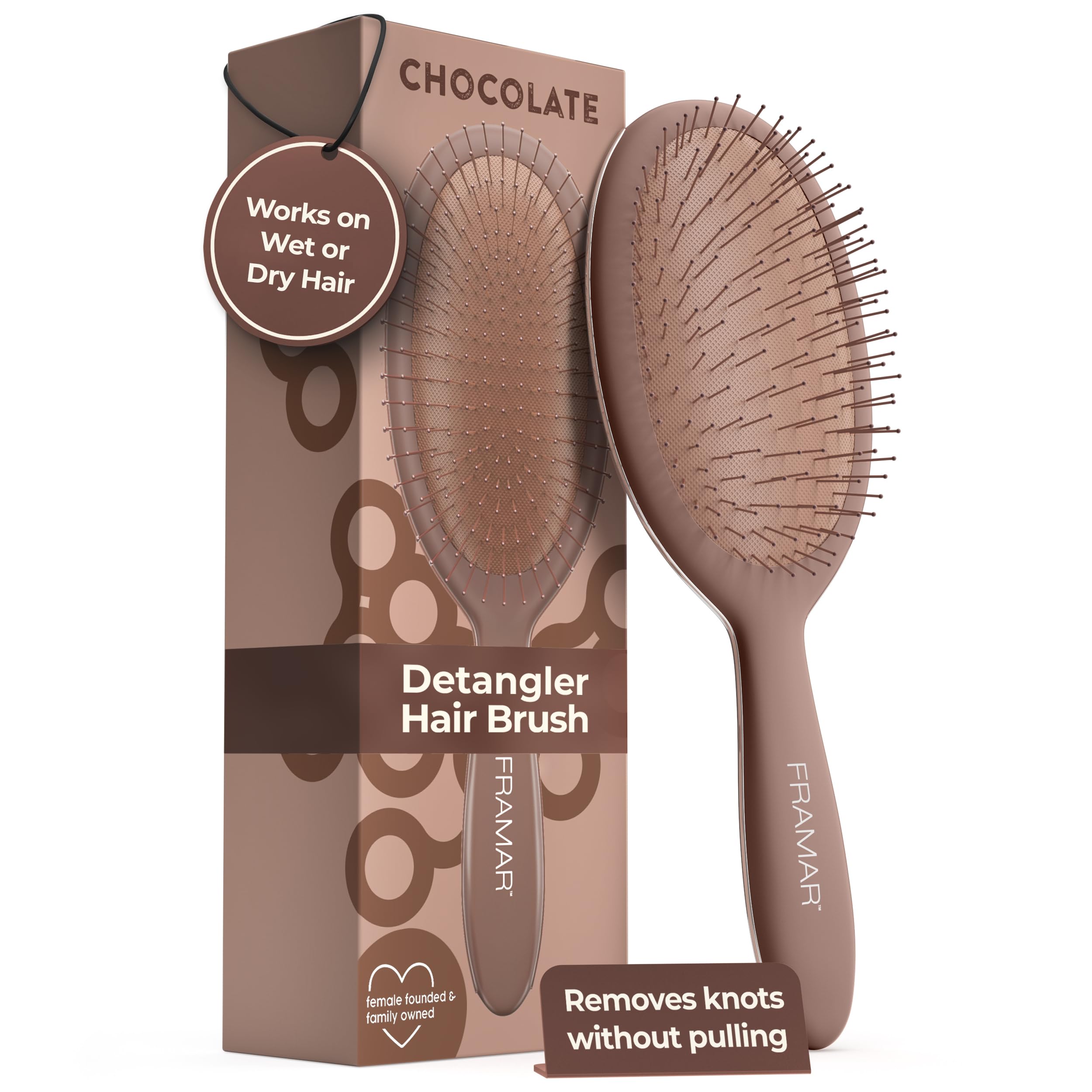 FRAMAR Chocolate Detangler Brush on wet hair for gentle detangling and shine