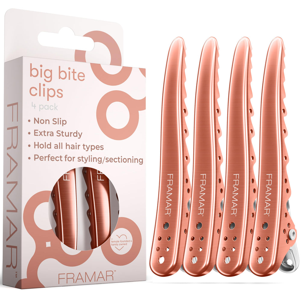 Clips FRAMAR rosa profesional 4-pack para estilizar el cabello con agarre firme.