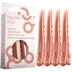 Clips FRAMAR rosa profesional 4-pack para estilizar el cabello con agarre firme.