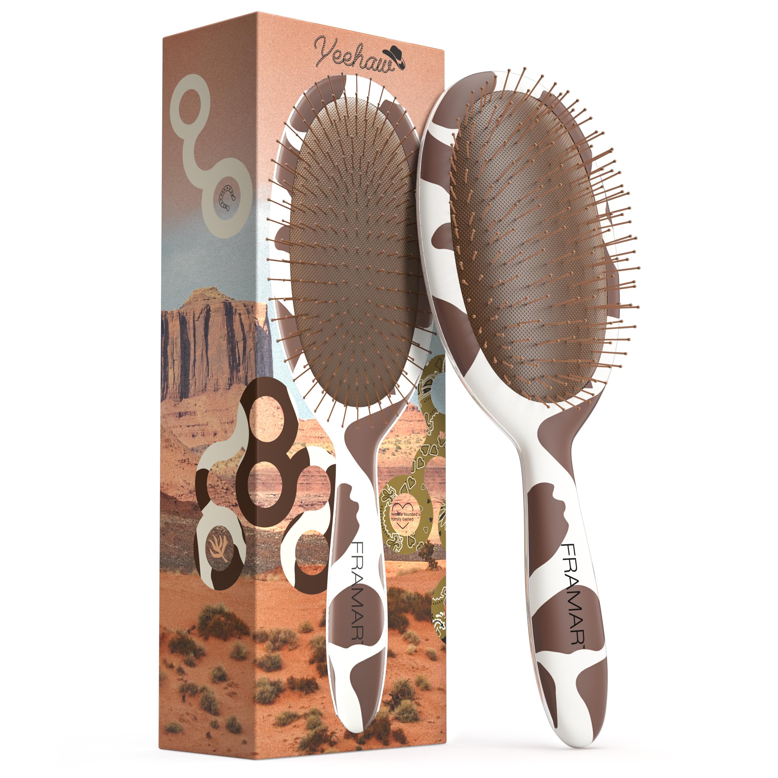 FRAMAR Cow Print Hair Brush Detangler front view for gentle detangling and smoother hair