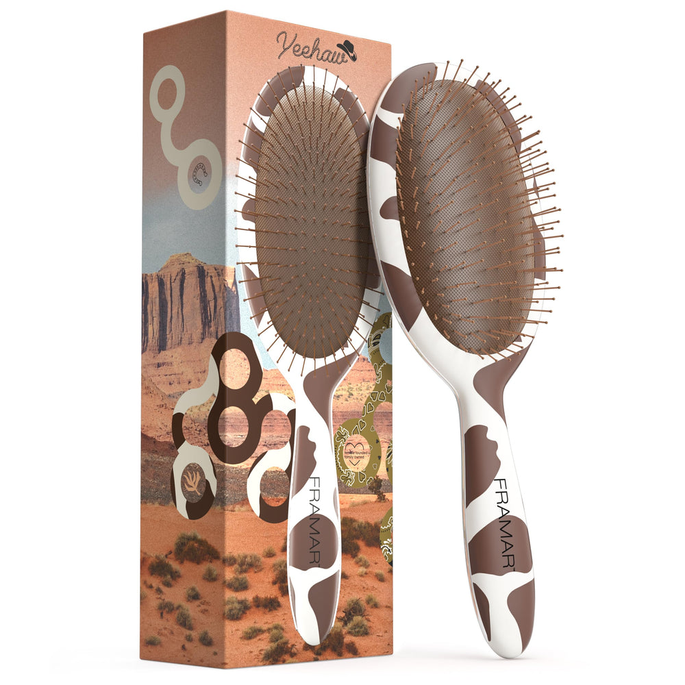FRAMAR Cow Print Hair Brush Detangler front view for gentle detangling and smoother hair