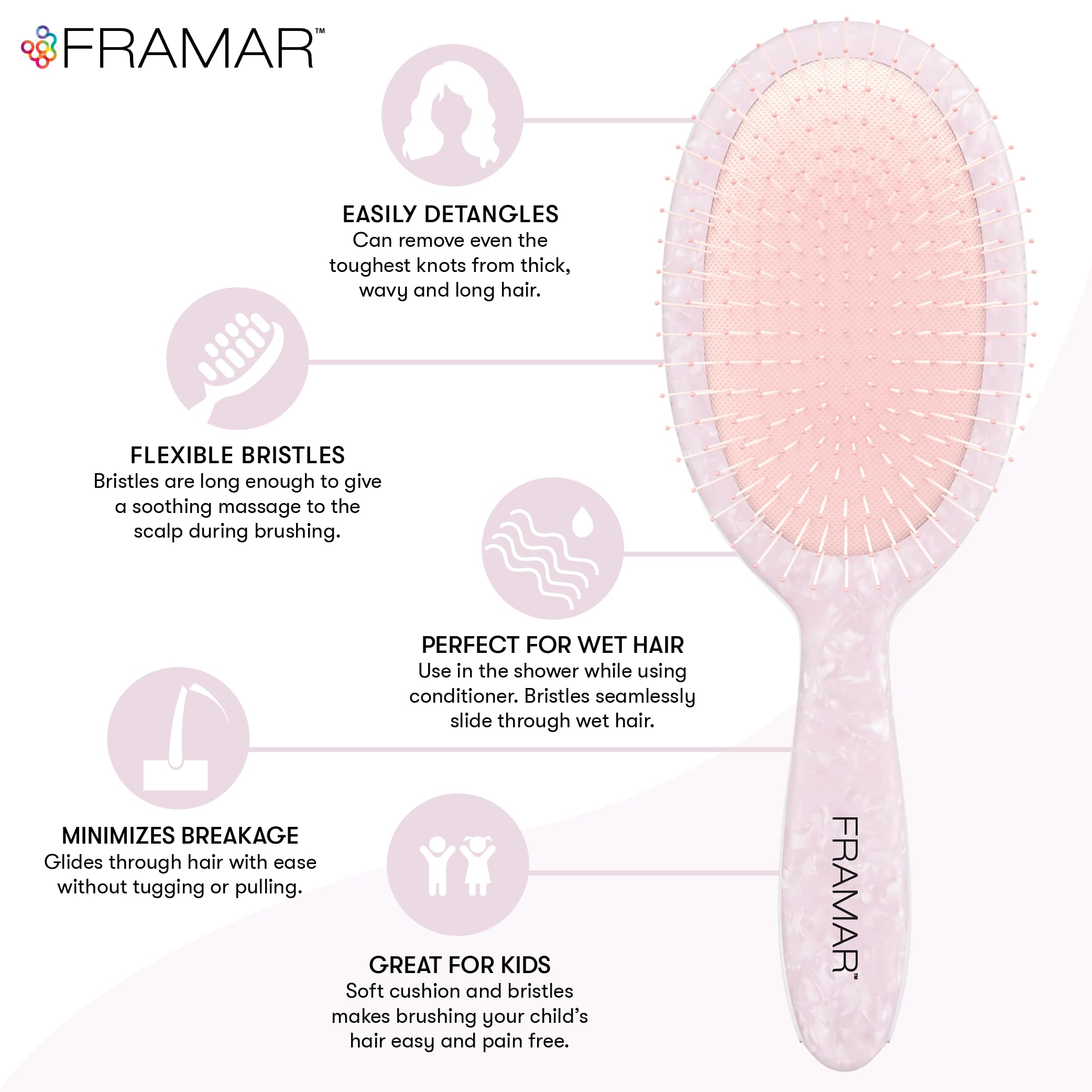 FRAMAR detangler brush gliding through knots on wet hair for less pulling