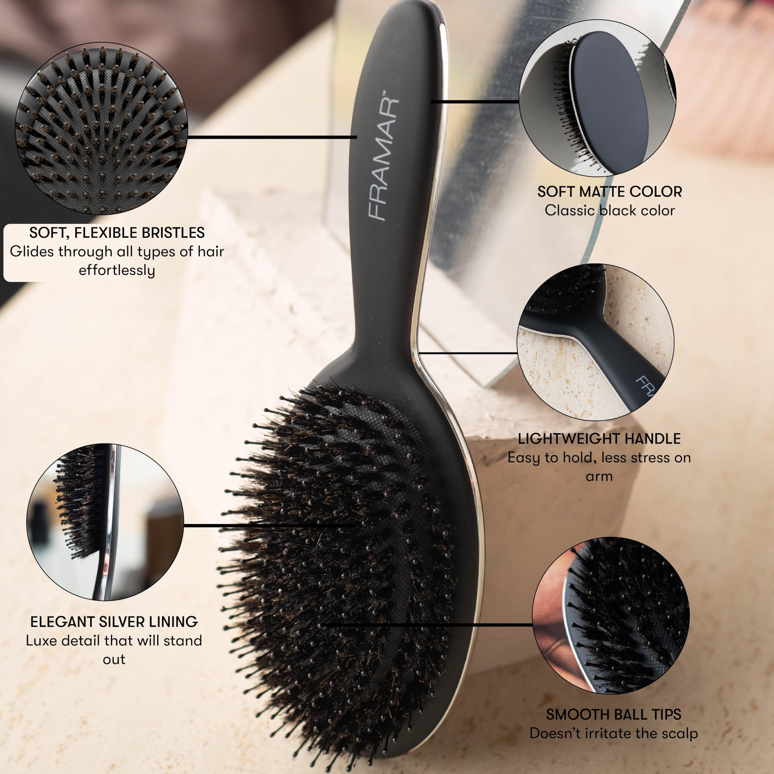 FRAMAR gentle detangling brush eases knots for fine hair without breakage