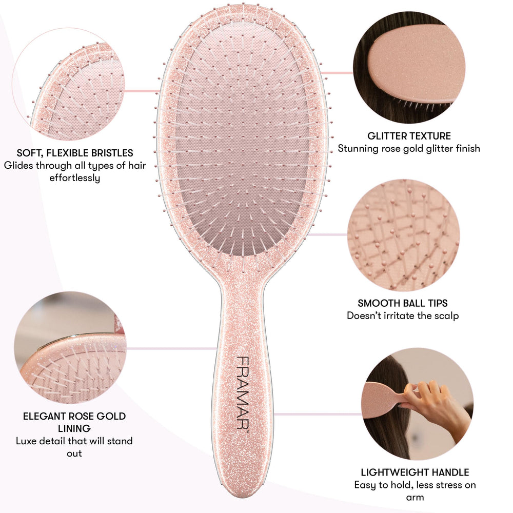 FRAMAR Glitter Hair Brush Detangler handle close-up demonstrates comfortable grip
