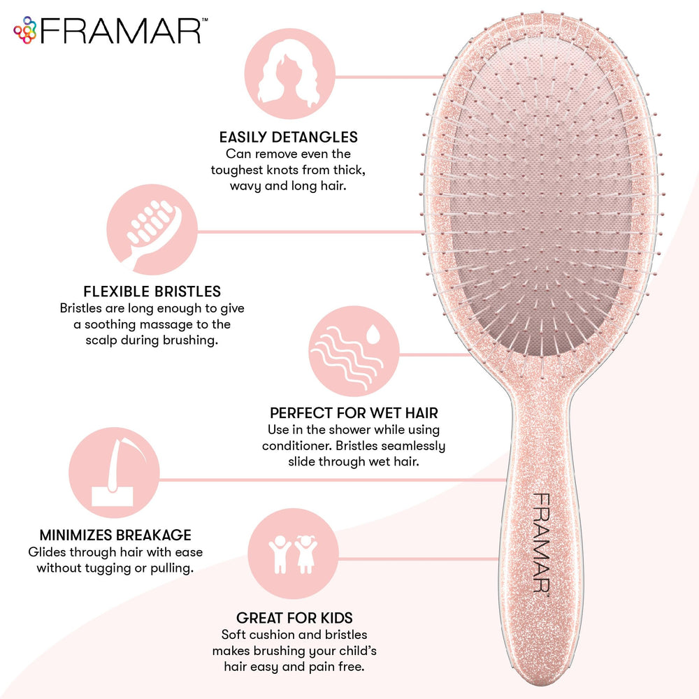 FRAMAR Glitter Hair Brush Detangler used on wet hair with less pulling