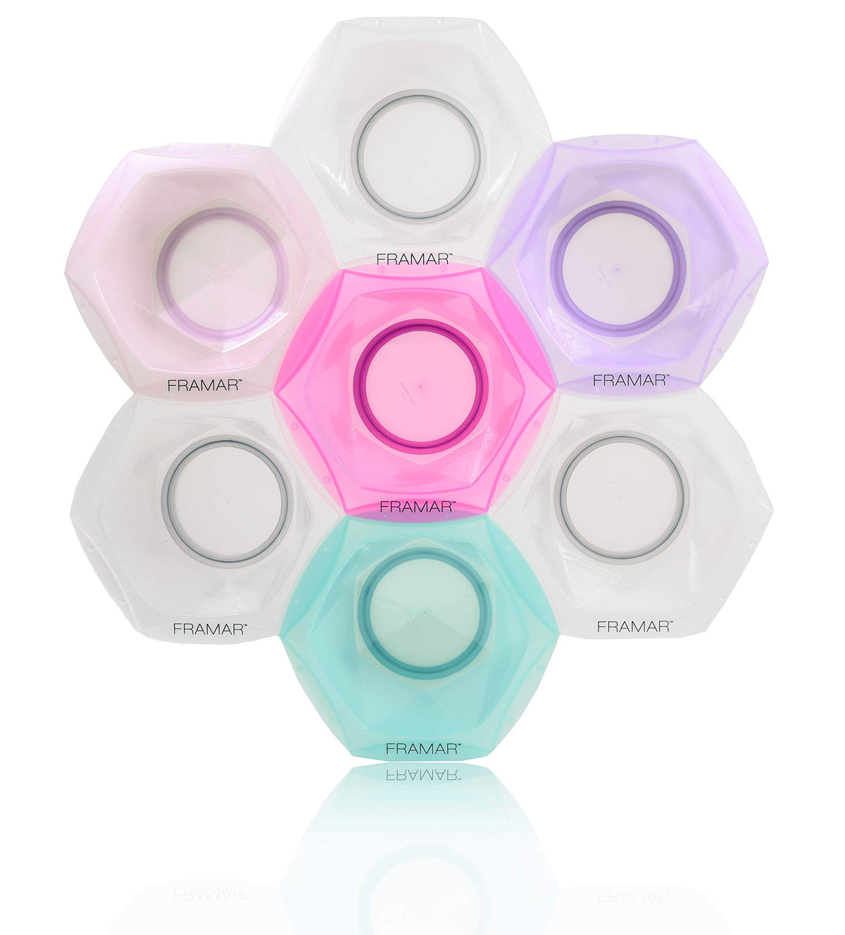FRAMAR interlocking dye bowls for tidy color palettes in salons.