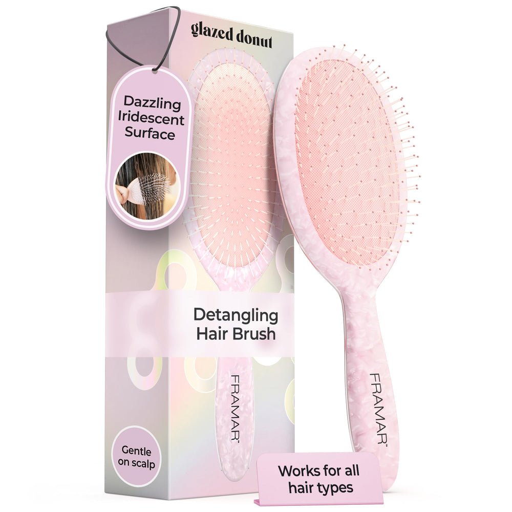 FRAMAR iridescent wet hair brush close-up showing shimmering bristles for gentle detangling