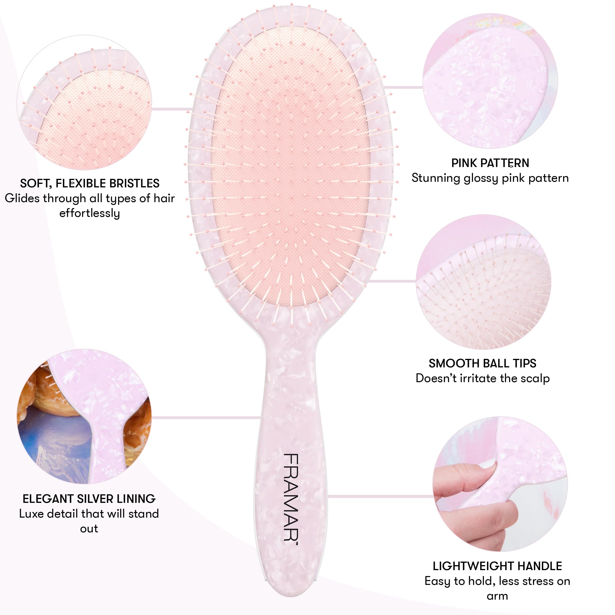 FRAMAR kids pink detangler brush in use for a gentle grooming moment