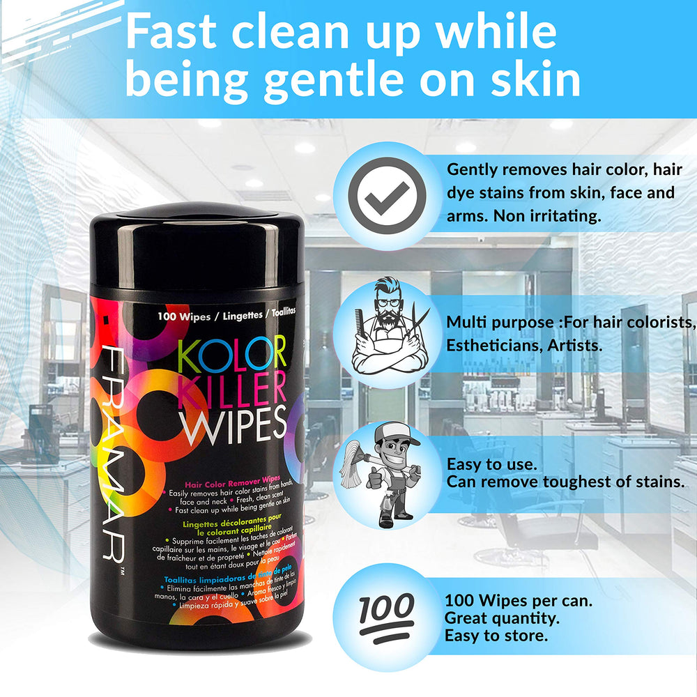 Framar Kolor Killer Wipes remove dye stains from hands and face after coloring.