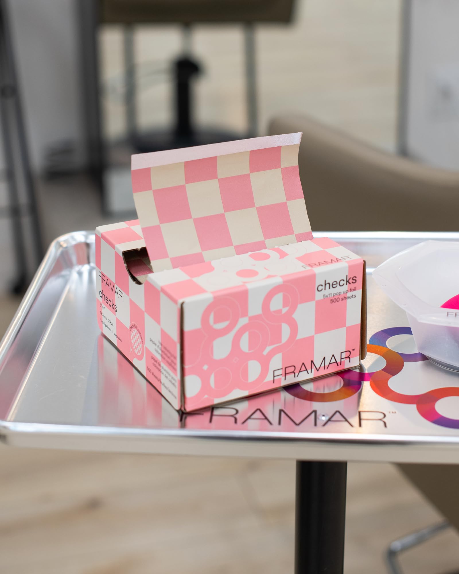 FRAMAR pink checkered foil pop-up design speeds up setup and use.