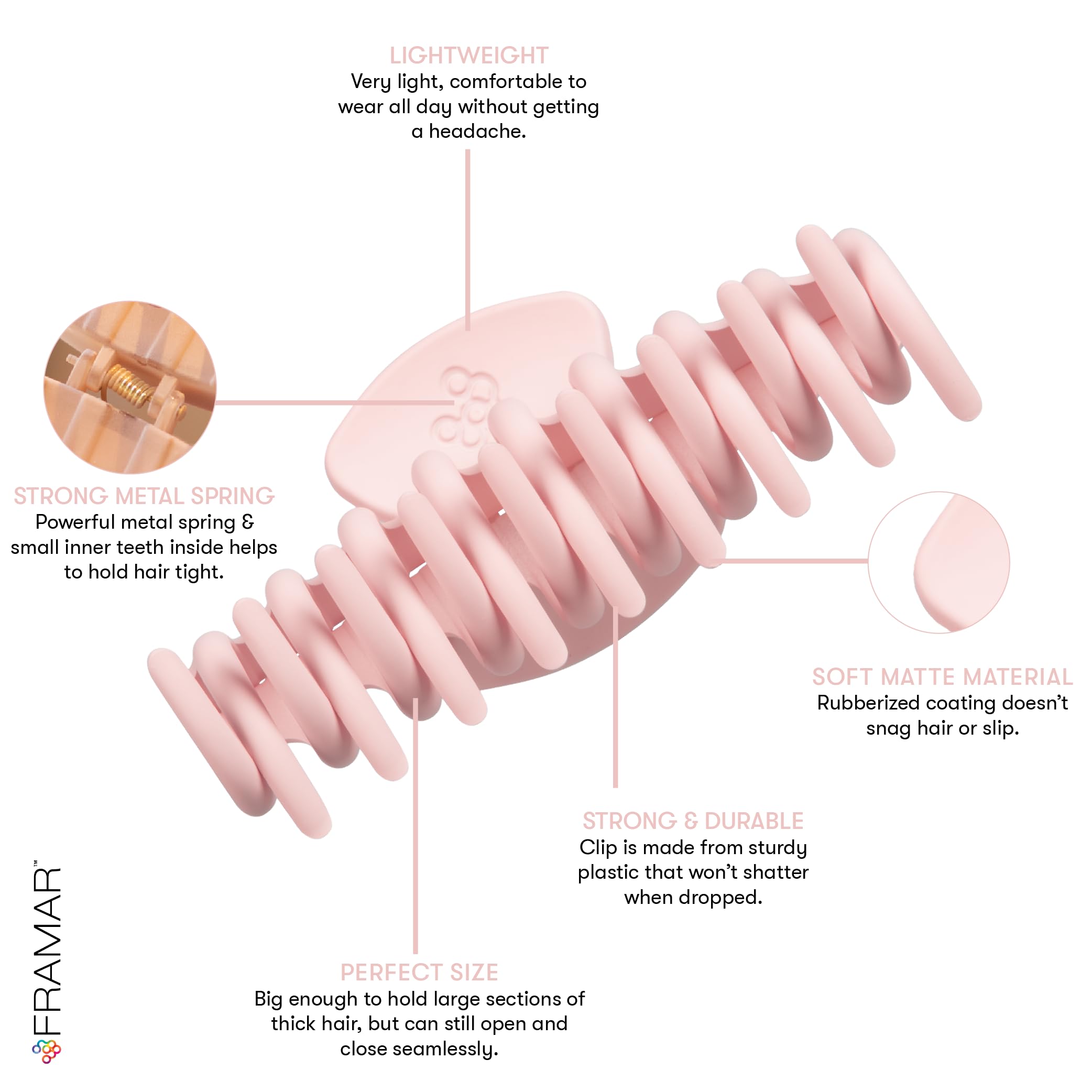 Framar clip rosa blush de cuatro tonos para looks femeninos.