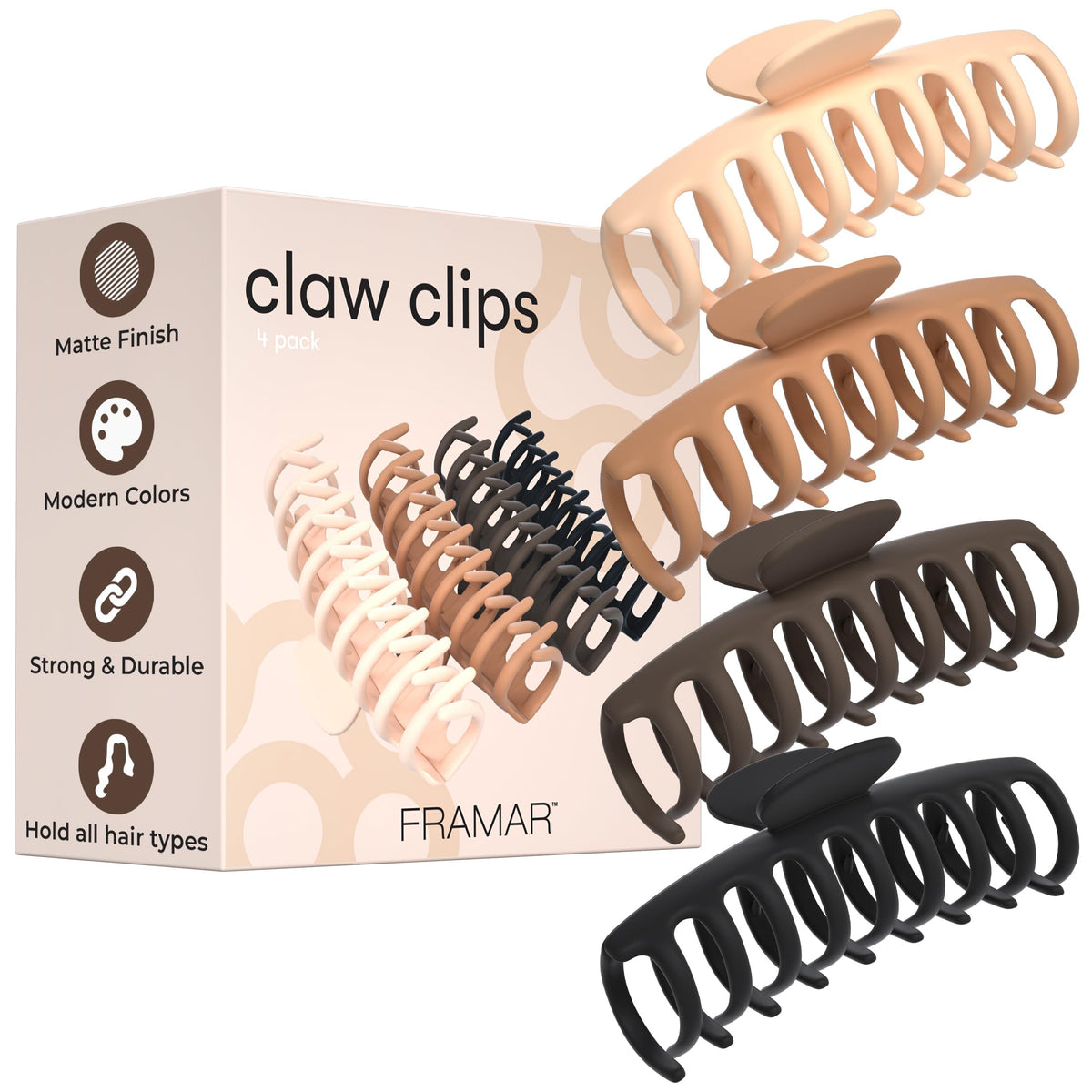 FRAMAR pinza grande para cabello grueso con acabado mate, sujeción cómoda.