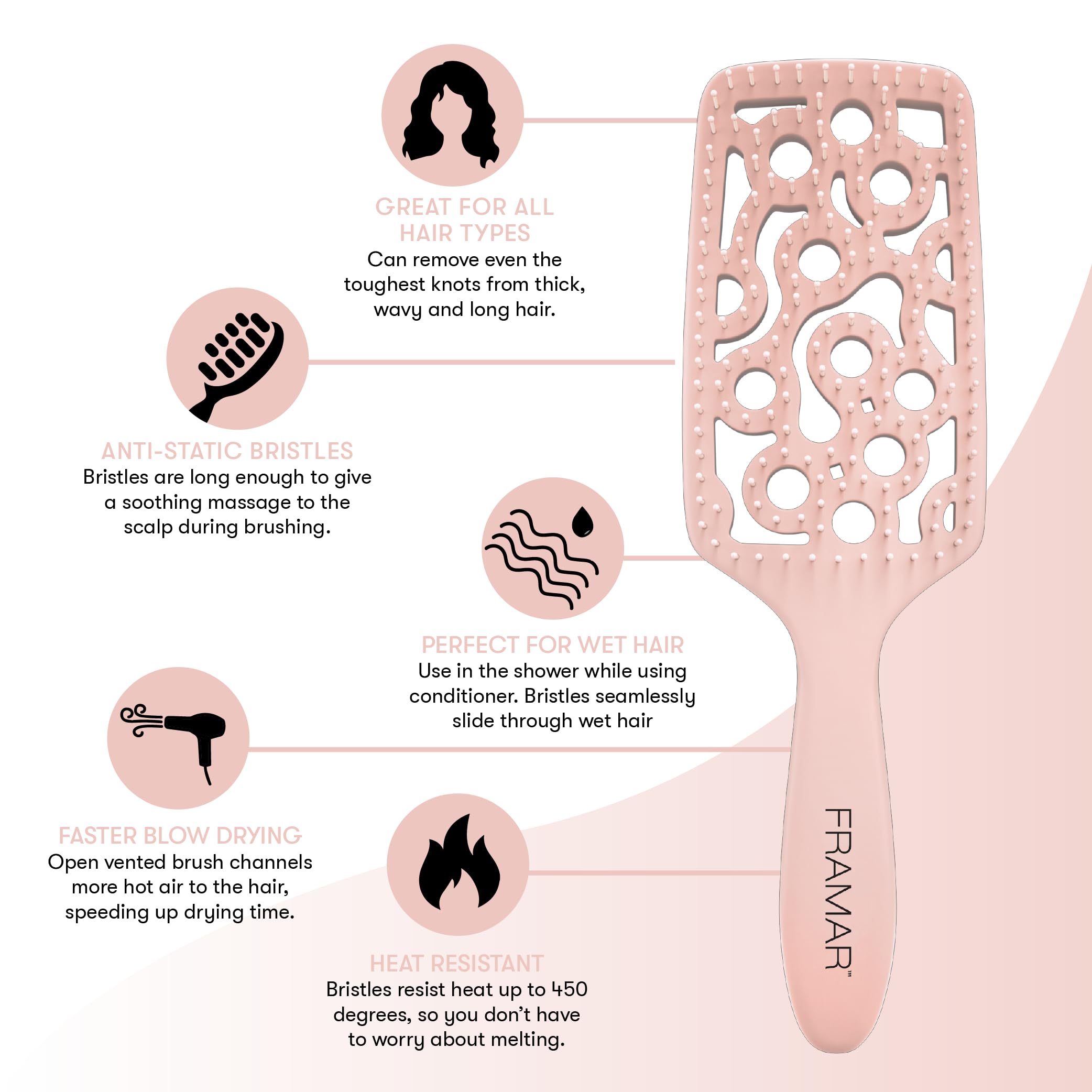 FRAMAR Vented Brush dries hair faster with even heat distribution.