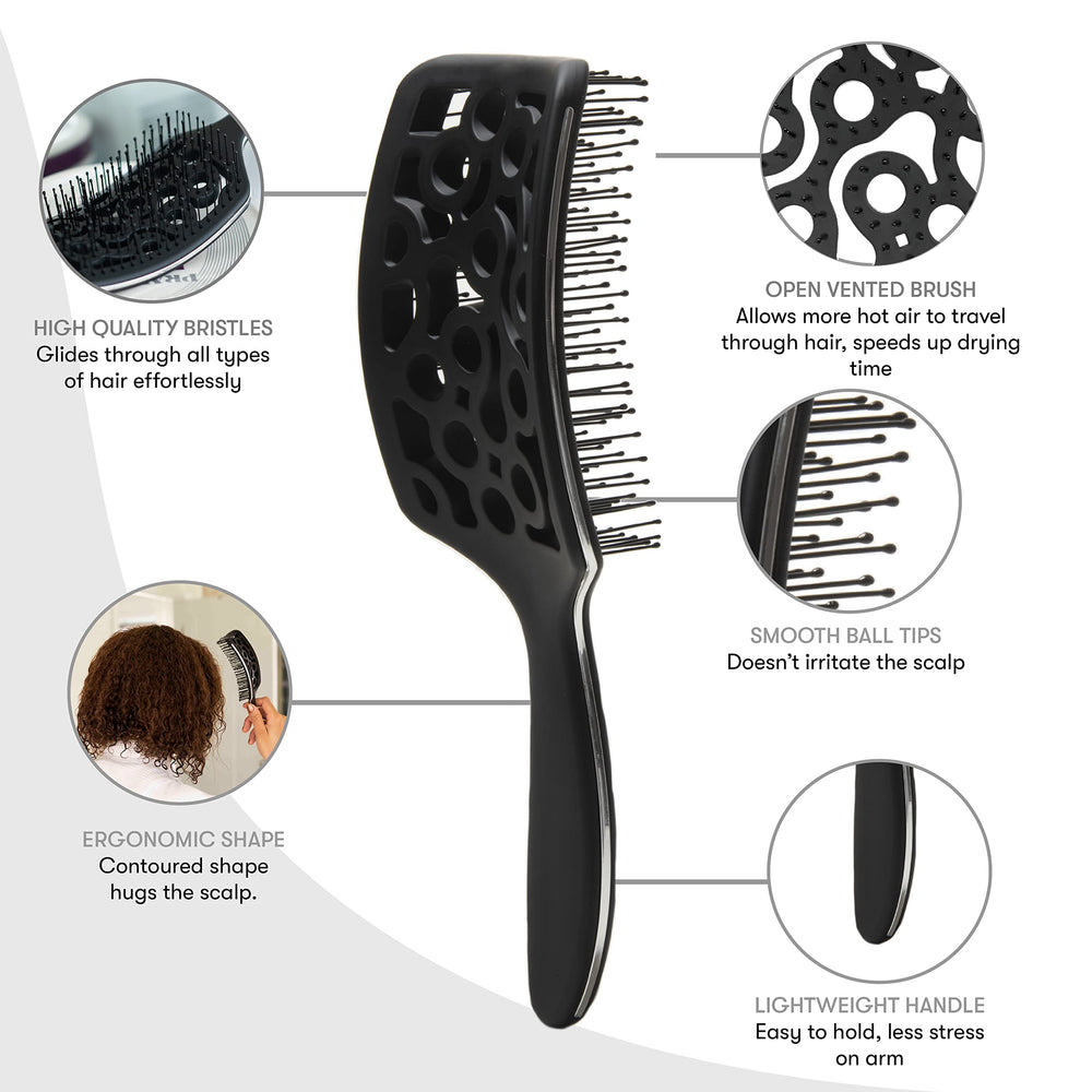 FRAMAR curved vented brush scalp-massage feature promotes circulation during dry.