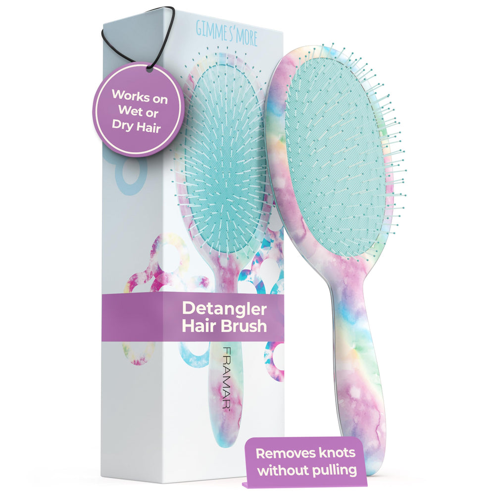 FRAMAR purple hair brush detangler front view for painless detangling on all hair types.