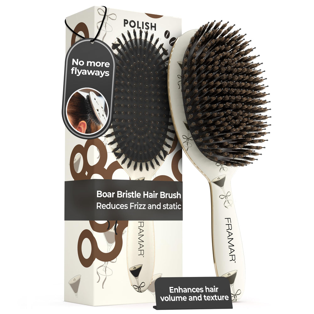 Framar soft boar bristle brush with espresso martini finish promoting natural shine