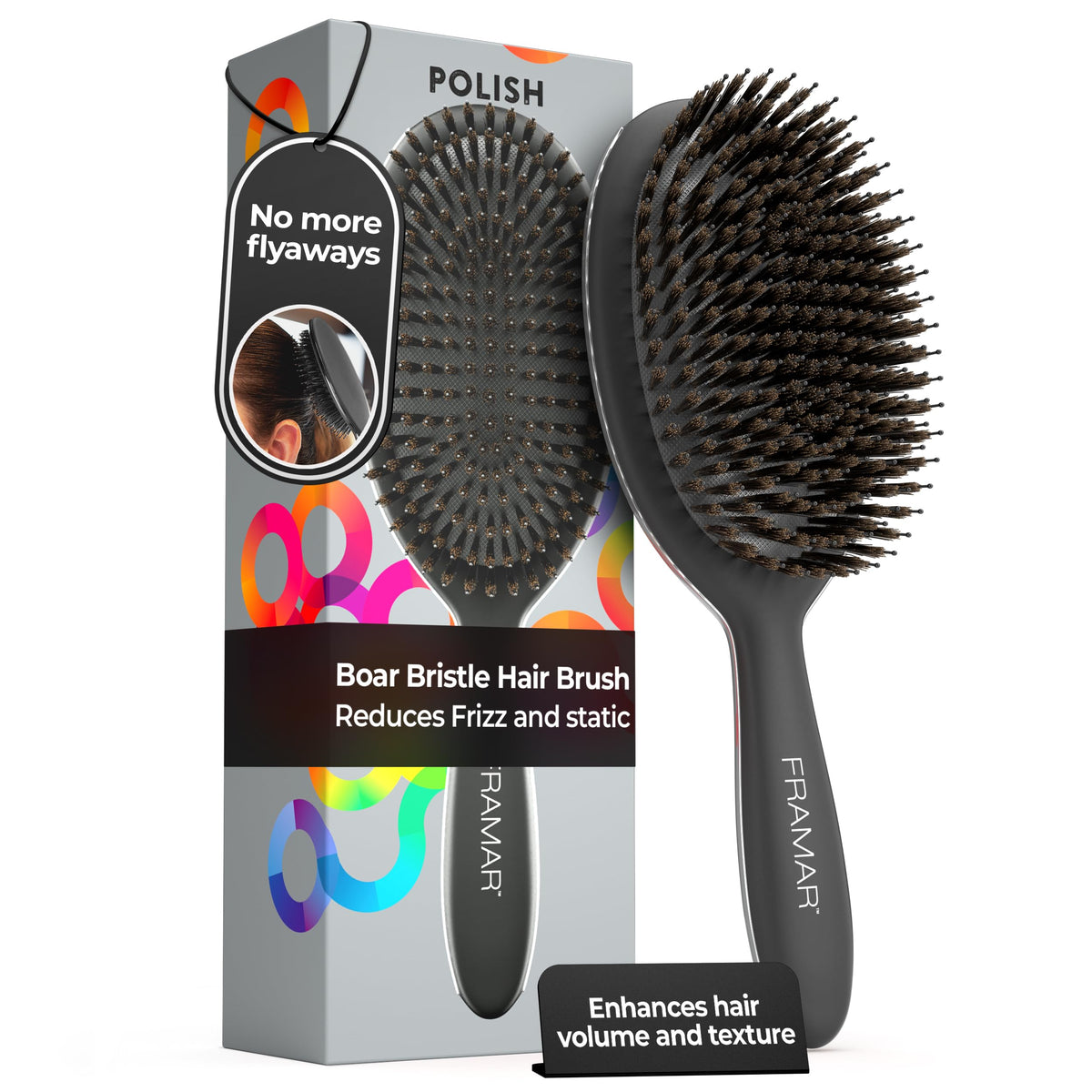 FRAMAR soft boar bristle brush for women with a black finish, smooths and shines hair