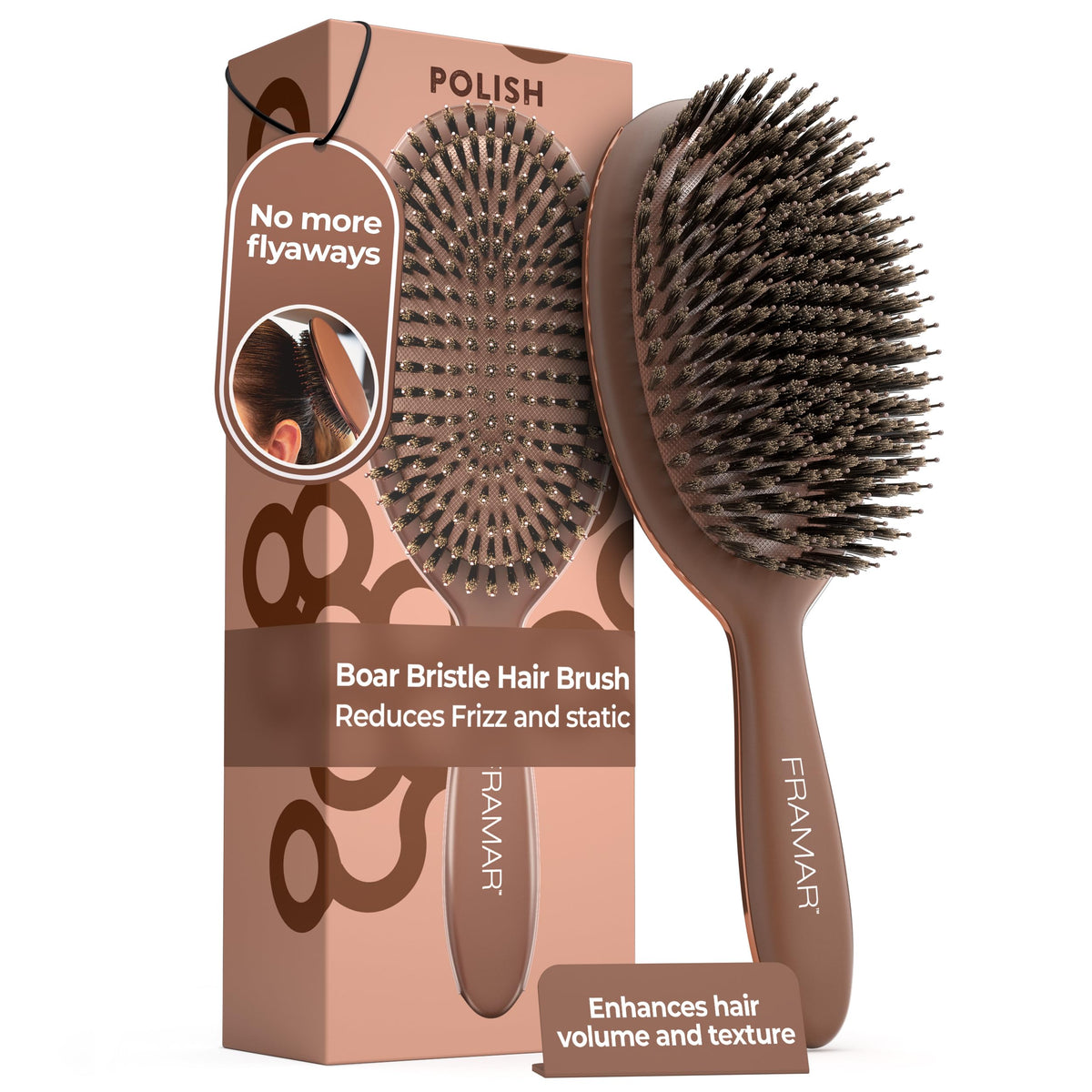 FRAMAR Soft Boar Bristle Brush distributes natural oils for radiant shine