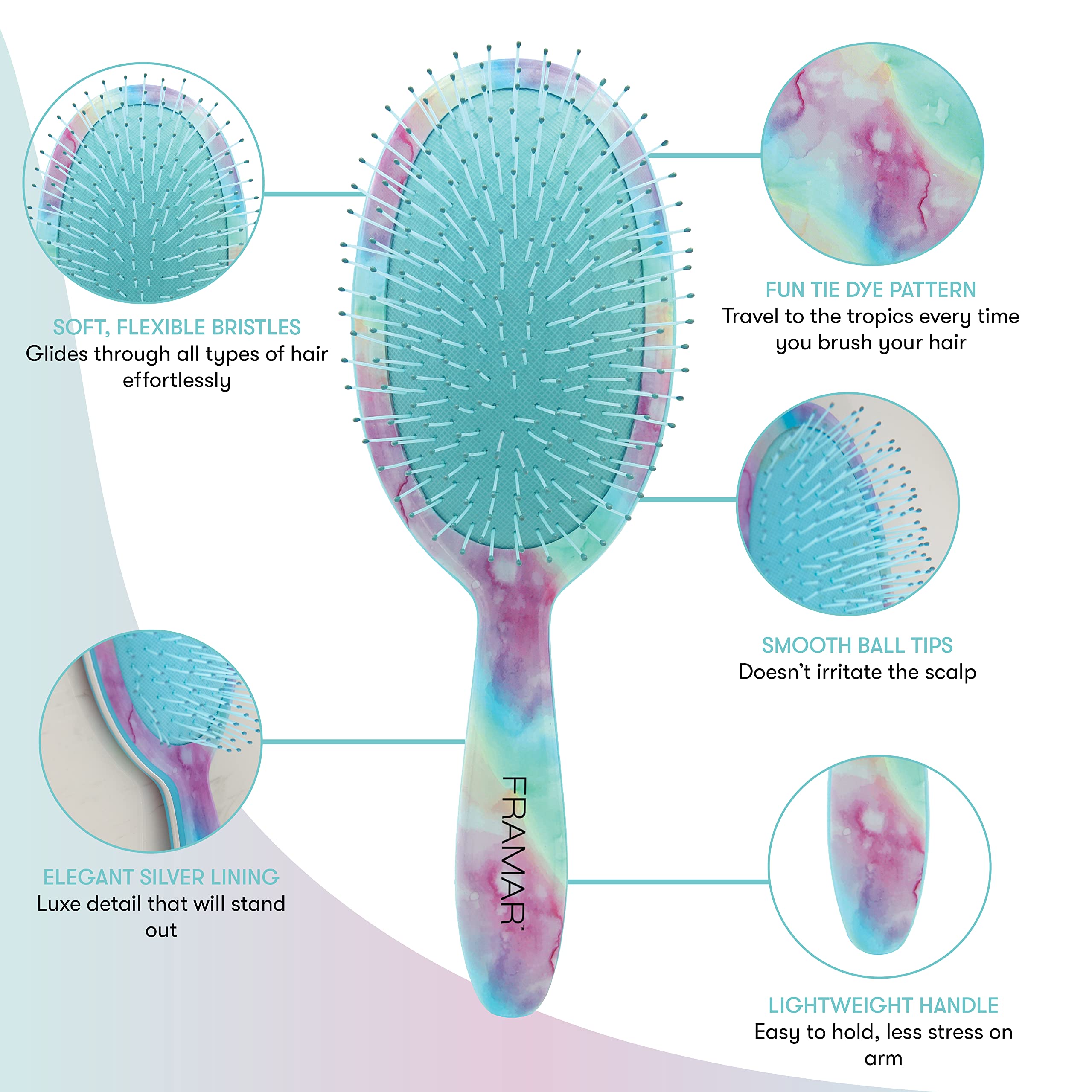 FRAMAR tie-dye hair brush on vanity adds style and functional appeal.