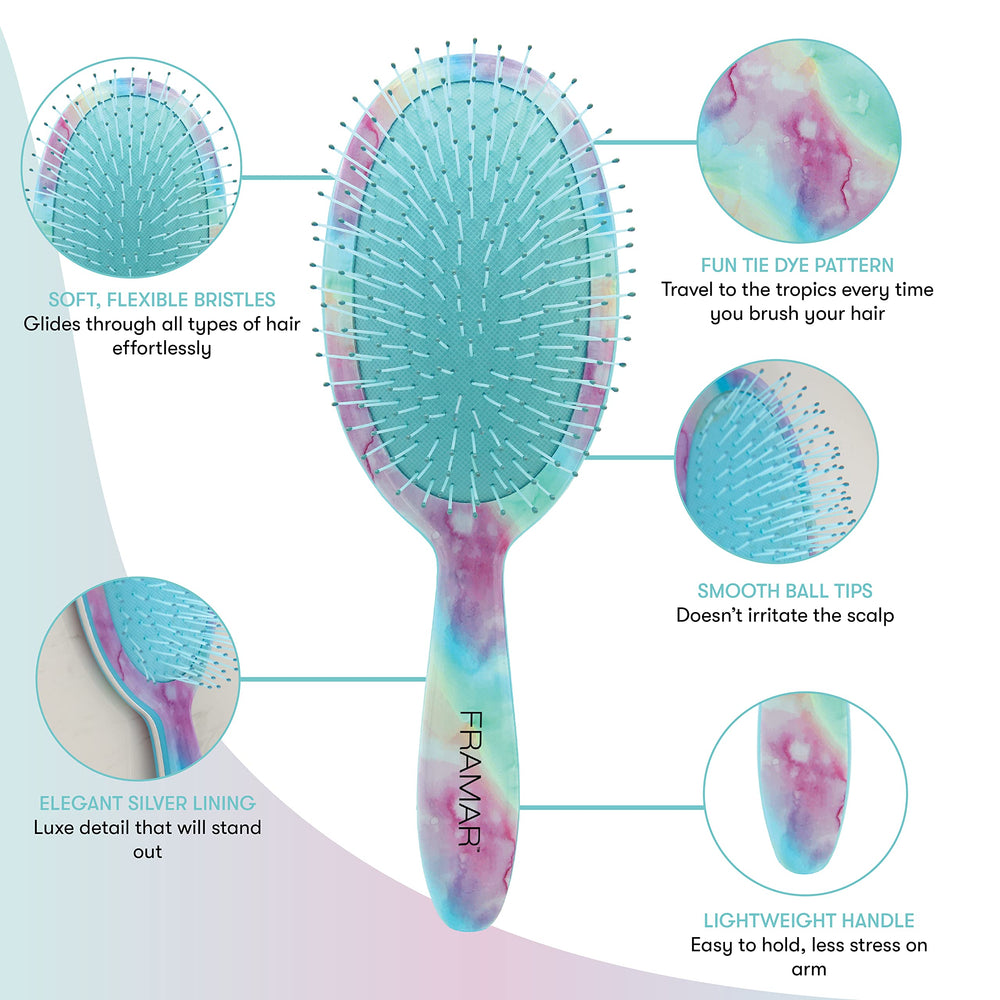 FRAMAR tie-dye hair brush on vanity adds style and functional appeal.