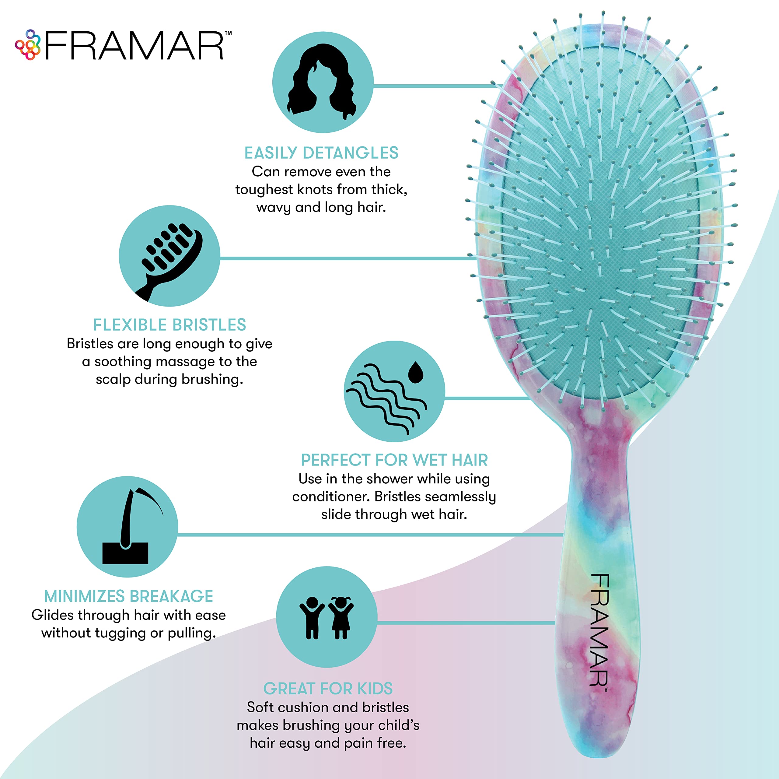 FRAMAR wet hair brush in use smoothing tangles on damp strands.