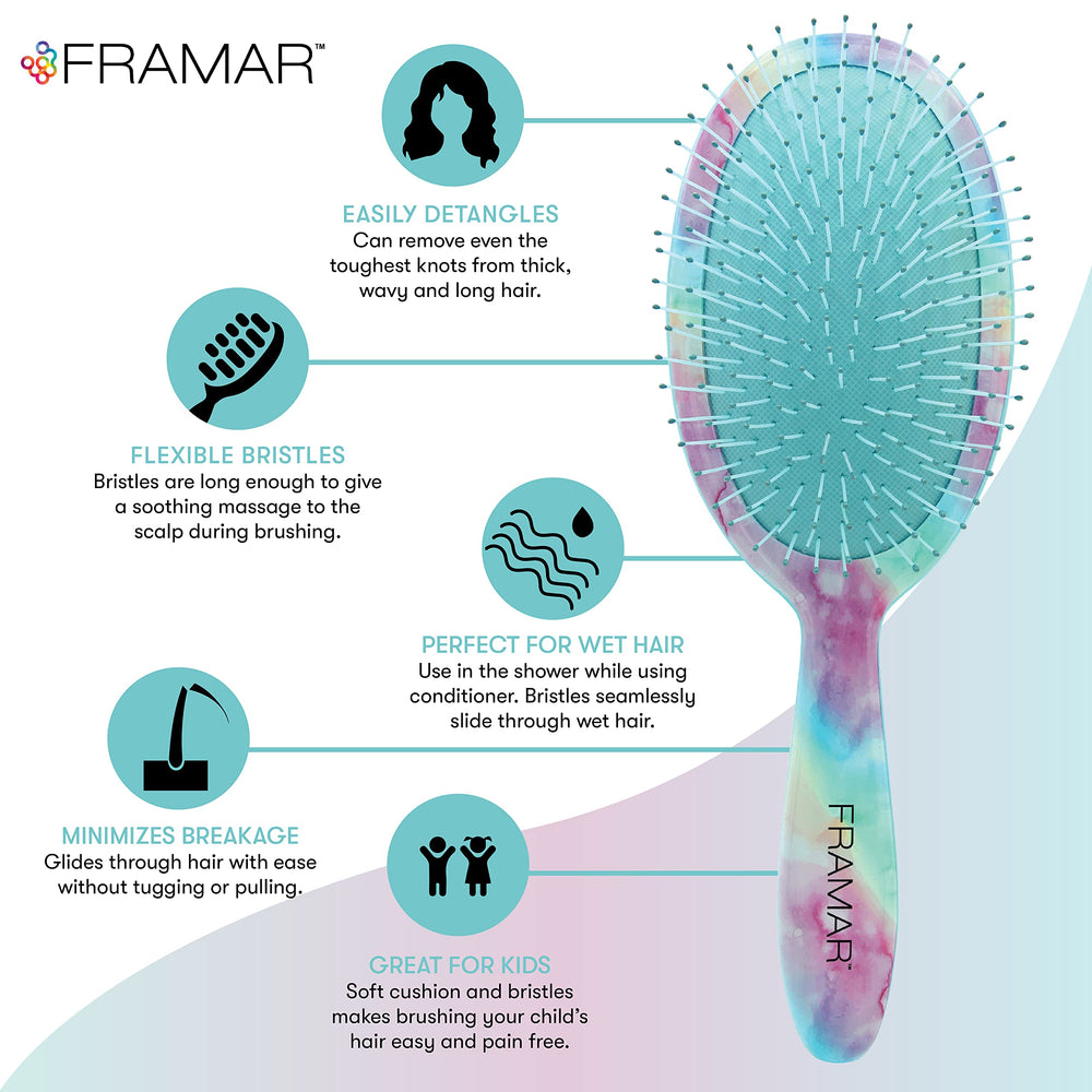 FRAMAR wet hair brush in use smoothing tangles on damp strands.