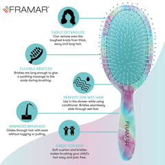 FRAMAR wet hair brush in use smoothing tangles on damp strands.