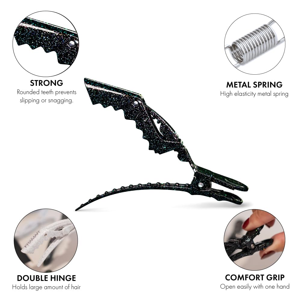 Pinzas FRAMR alligator agarre firme, ideal para mechones gruesos.