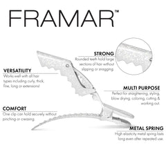Pinzas FRAMR para cabello brillo, peinado rápido y seguro.
