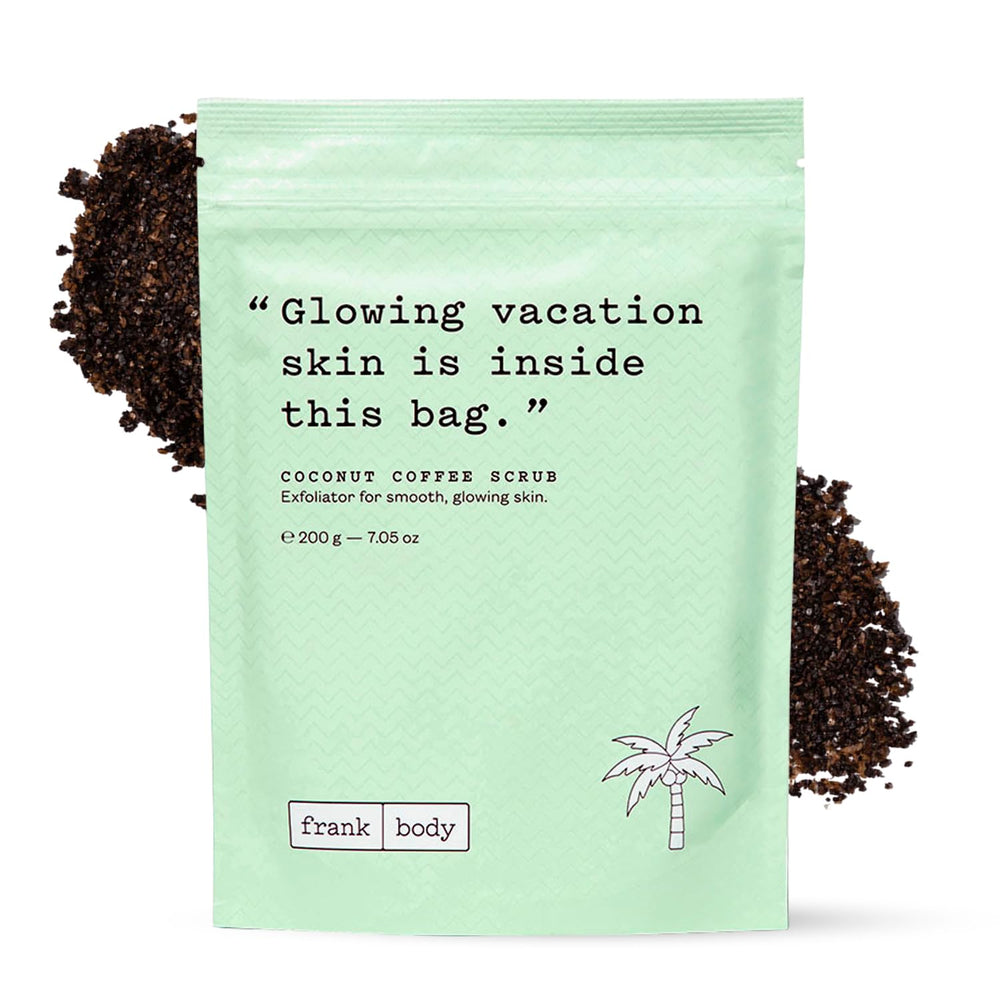 frank body exfoliante de café con coco en frasco para piel suave y luminosa.