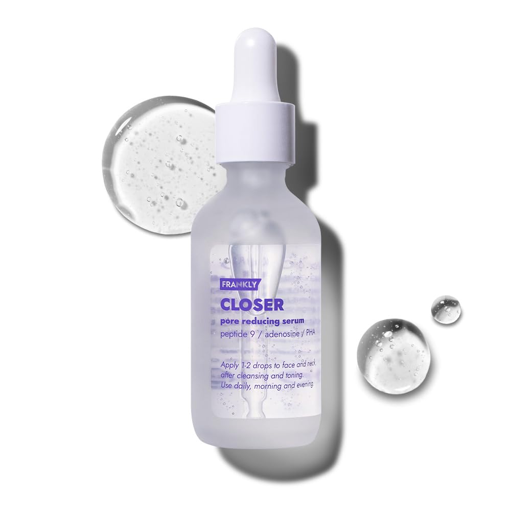 FRANKLY Closer Serum bottle close-up highlighting premium packaging and pore-minimized glow