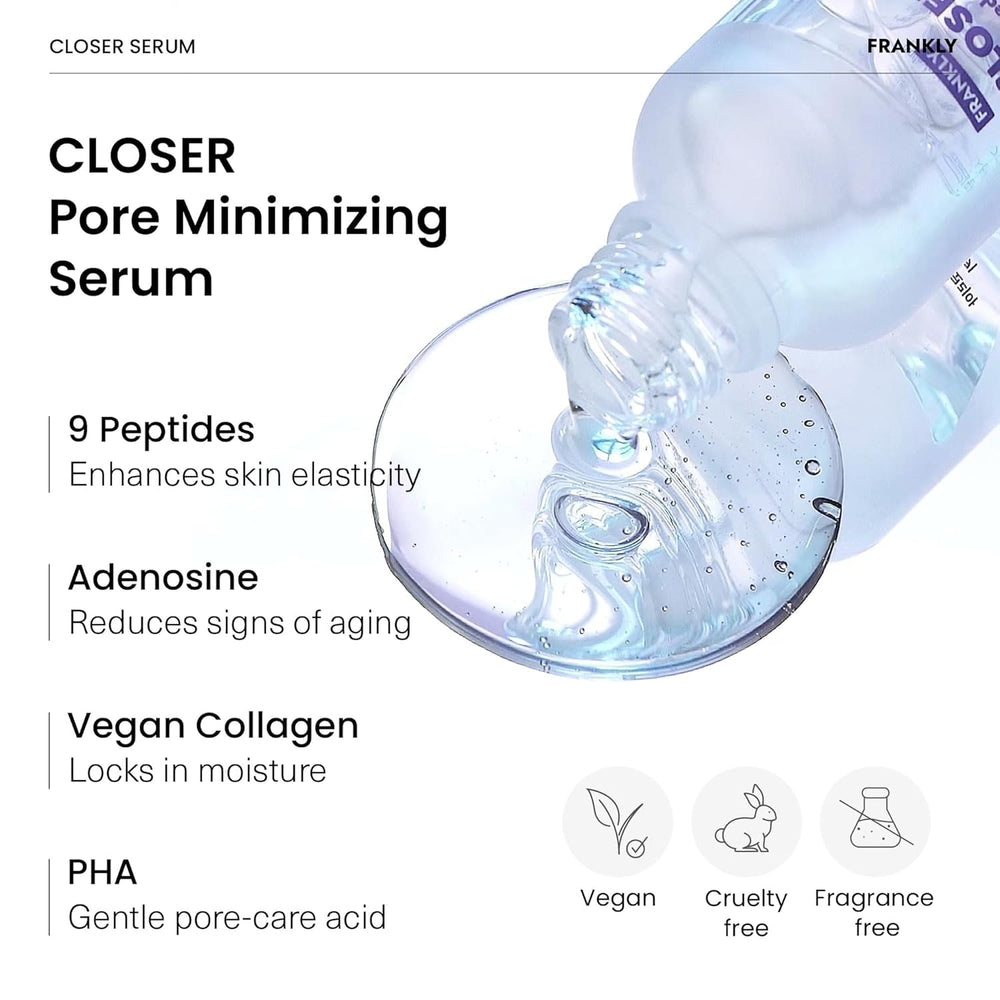 FRANKLY Closer Serum ingredients visual emphasizes peptides, adenosine, and vegan collagen