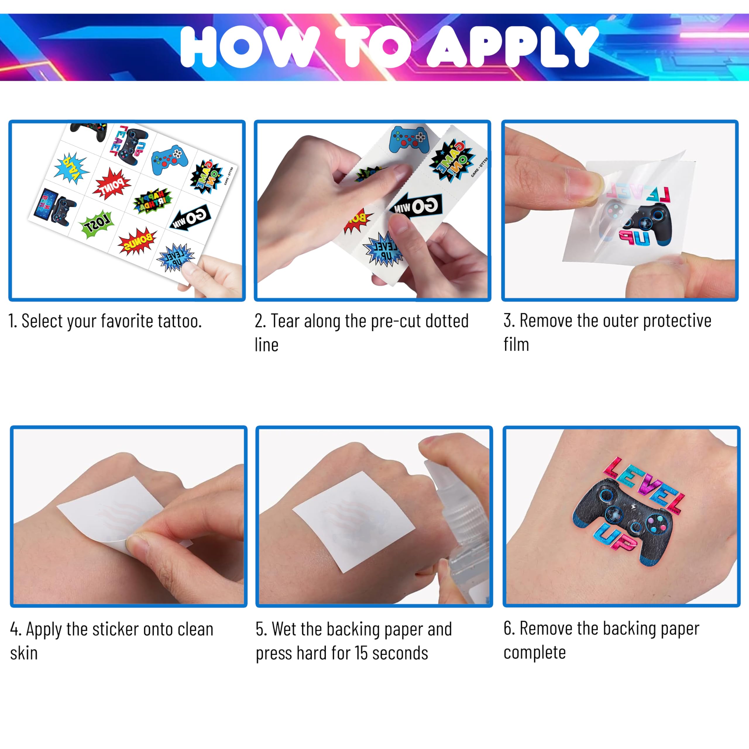 Láminas removibles de tatuajes temporales de videojuegos para retirada cómoda.