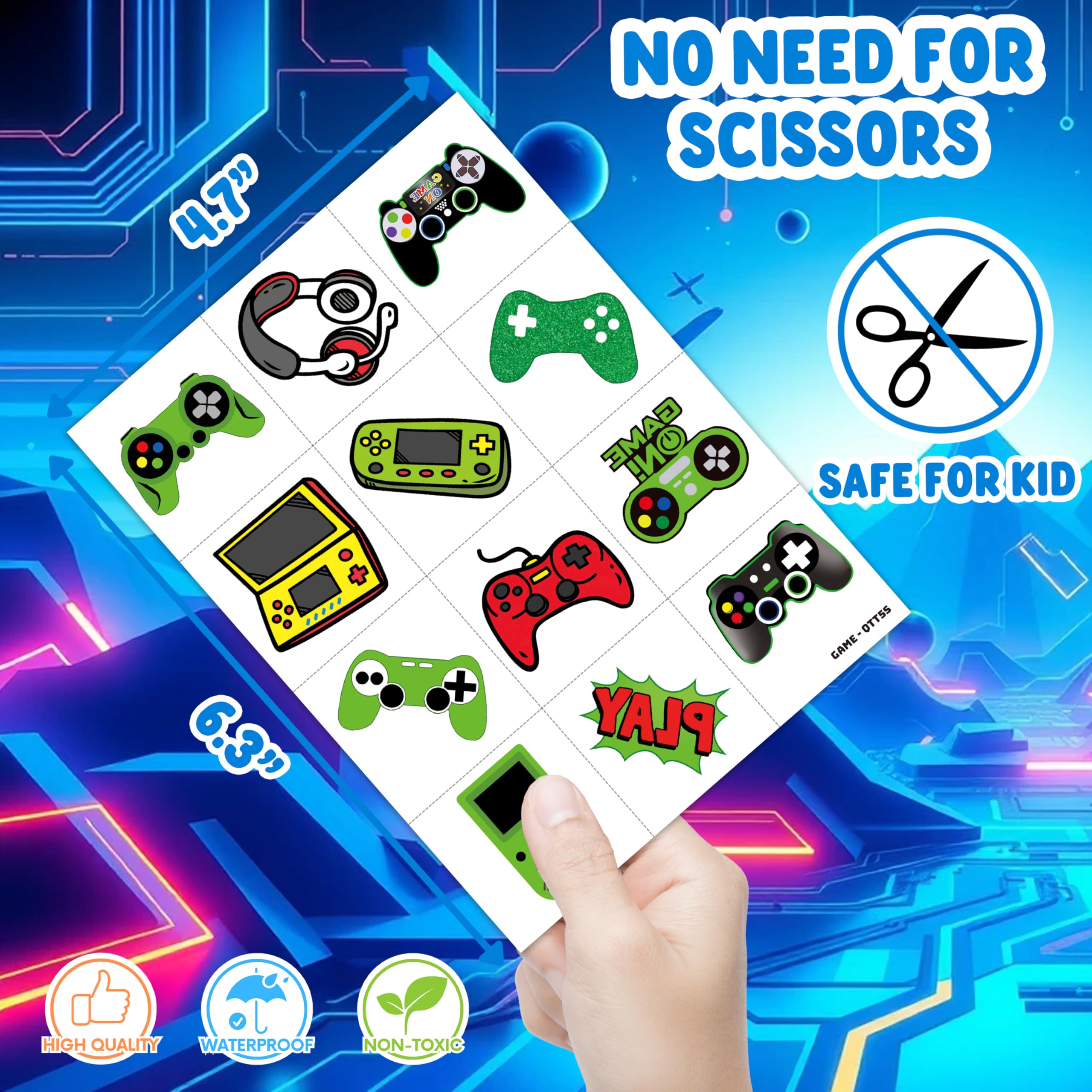 Tatuajes de videojuegos para premios en aula, ideales para dinámicas temáticas.